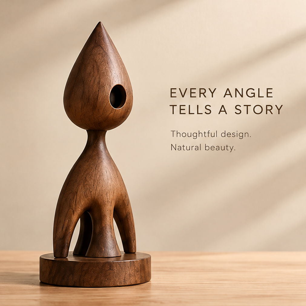 Three-quarter view of the brown wooden figure showing its pointed head and curved open body