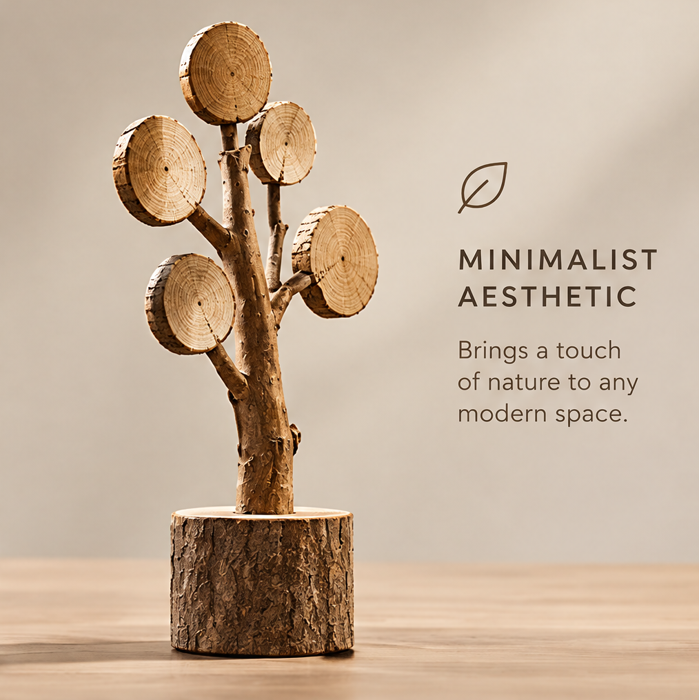 Full view of the natural wood slice tree sculpture against a simple neutral background