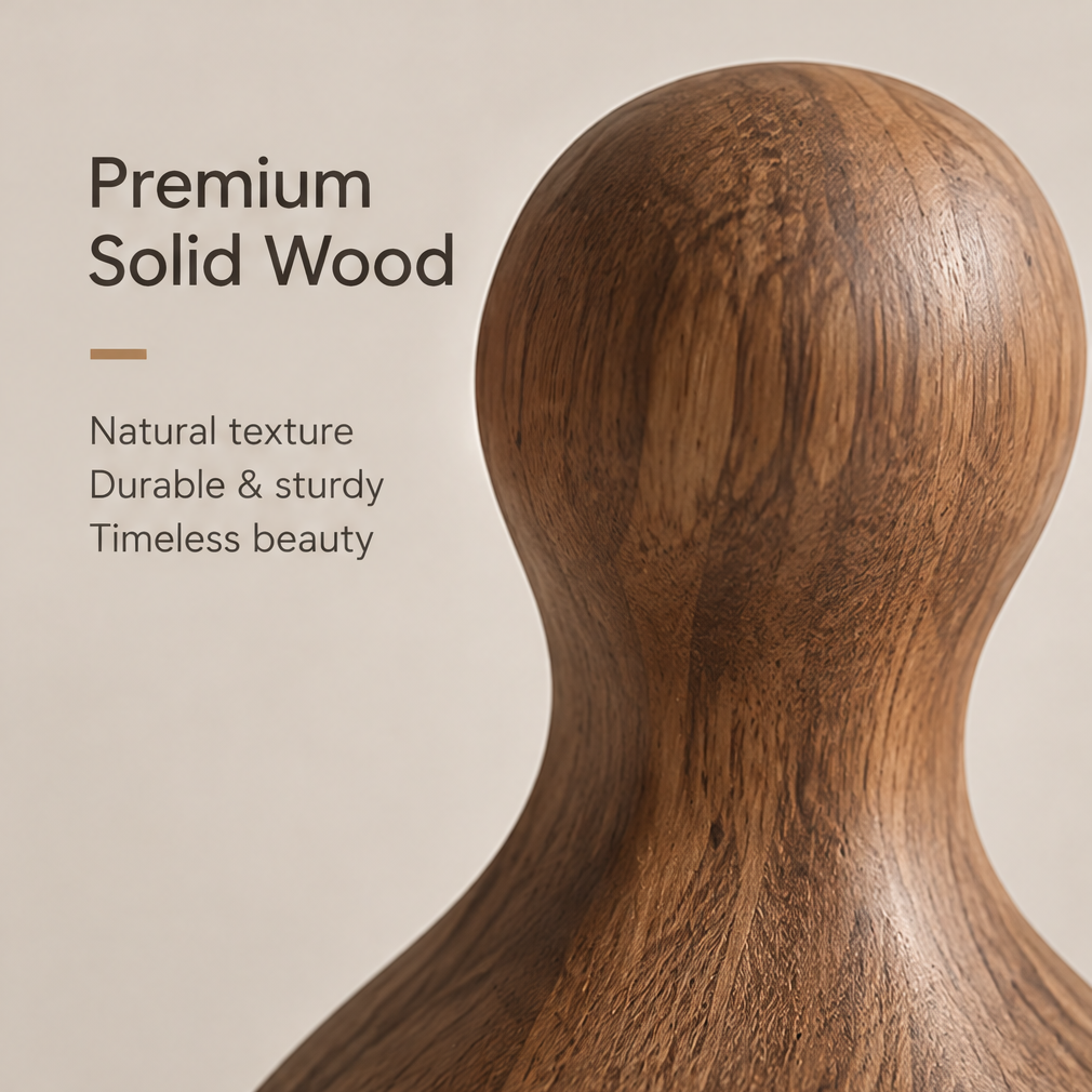 Close-up of the sculpture's rounded top and neck showing brown natural wood texture