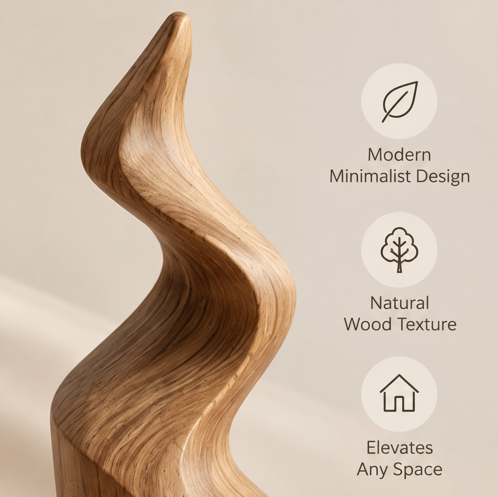 Detail of the wave sculpture's curves with modern minimalist design and natural wood texture callouts