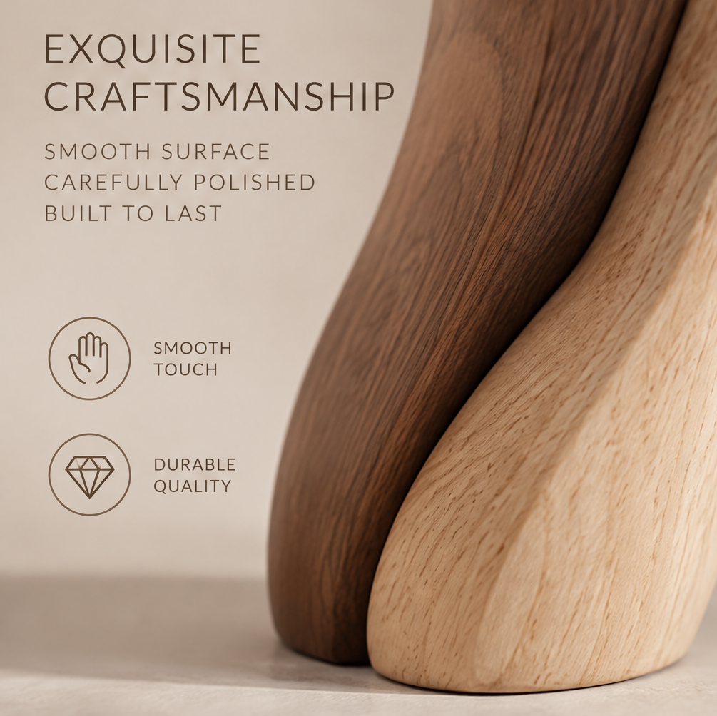 Close-up of the couple sculpture's curved lower forms showing wood grain and polished surfaces