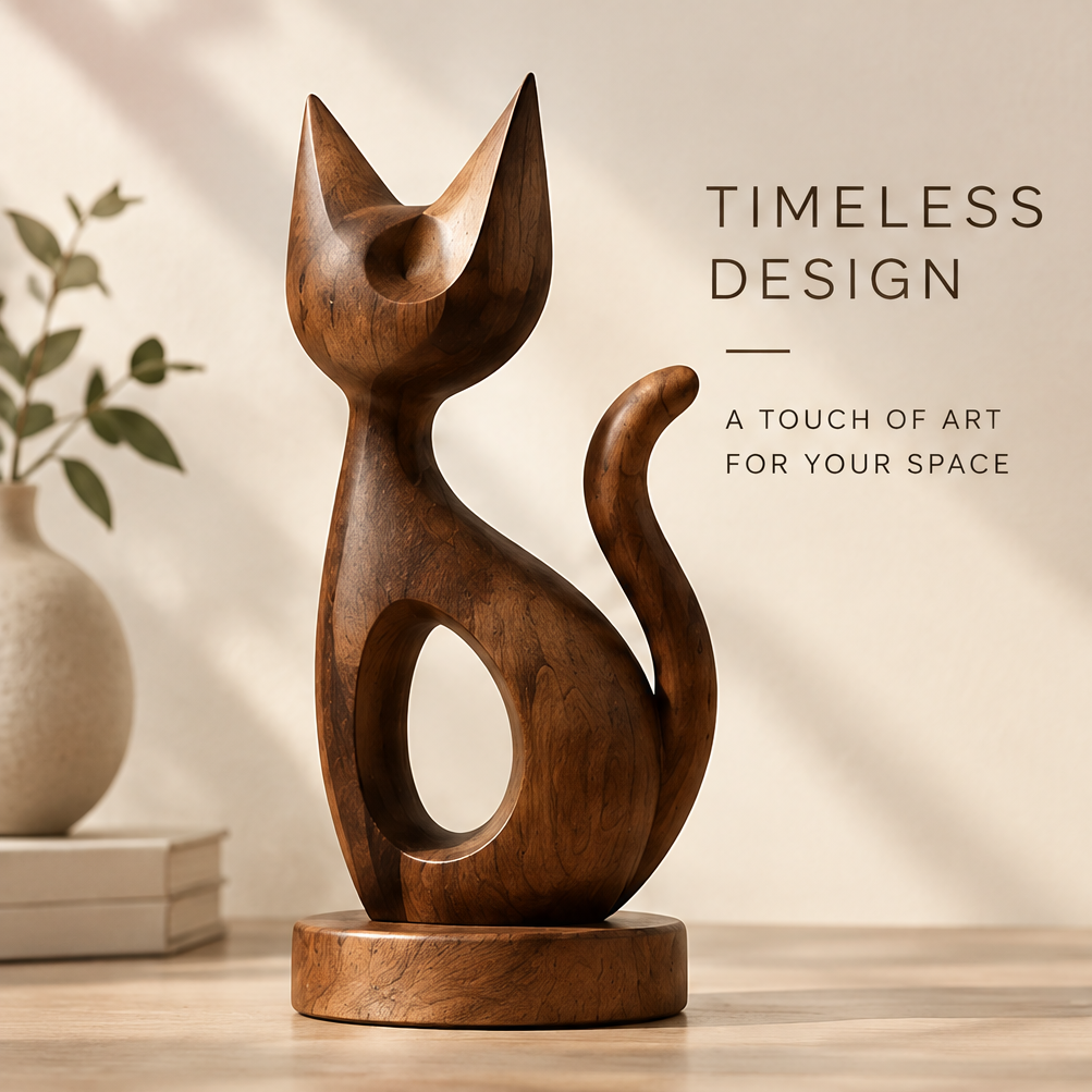 Alternate view of the wood cat sculpture showing its smooth curves and oval body opening