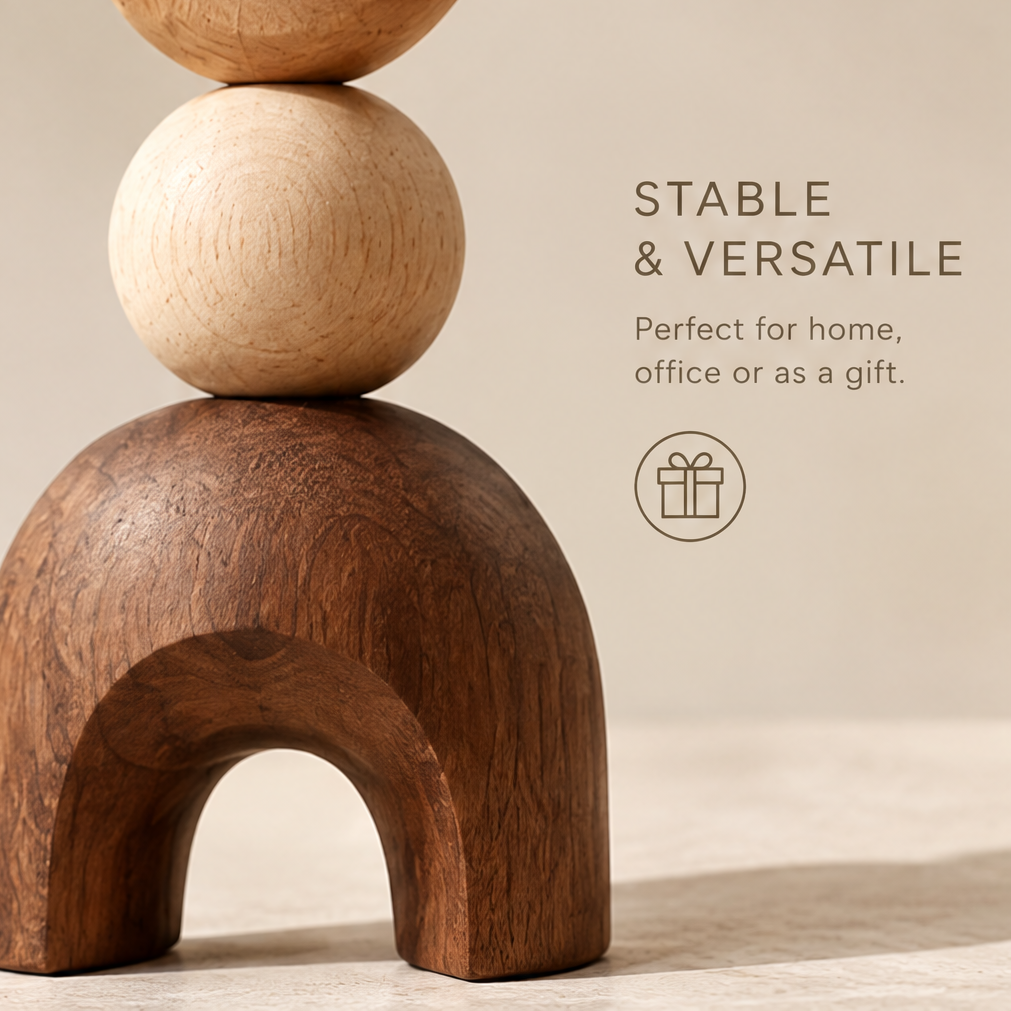Close-up of the light wooden sphere above the brown arched base showing contrasting wood textures