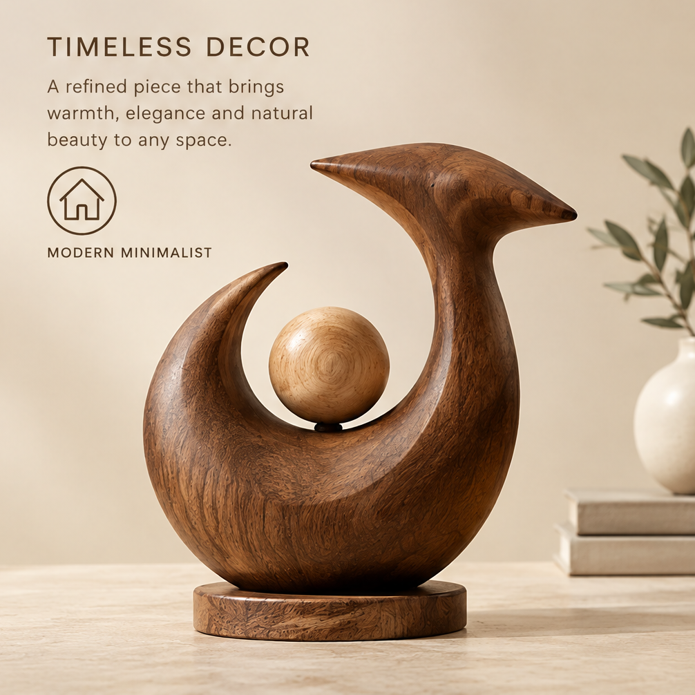 Curve and sphere wood sculpture styled beside books and a vase, showing its full silhouette