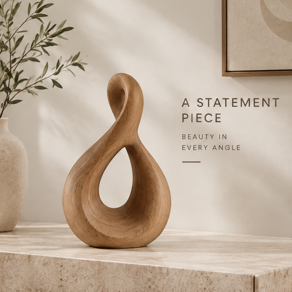 Twisting wood sculpture displayed beside a vase and framed artwork in a warm neutral interior