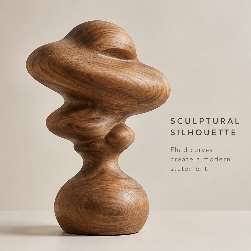 AVOLTT abstract solid wood sculpture standing upright, showing fluid curves against a neutral background