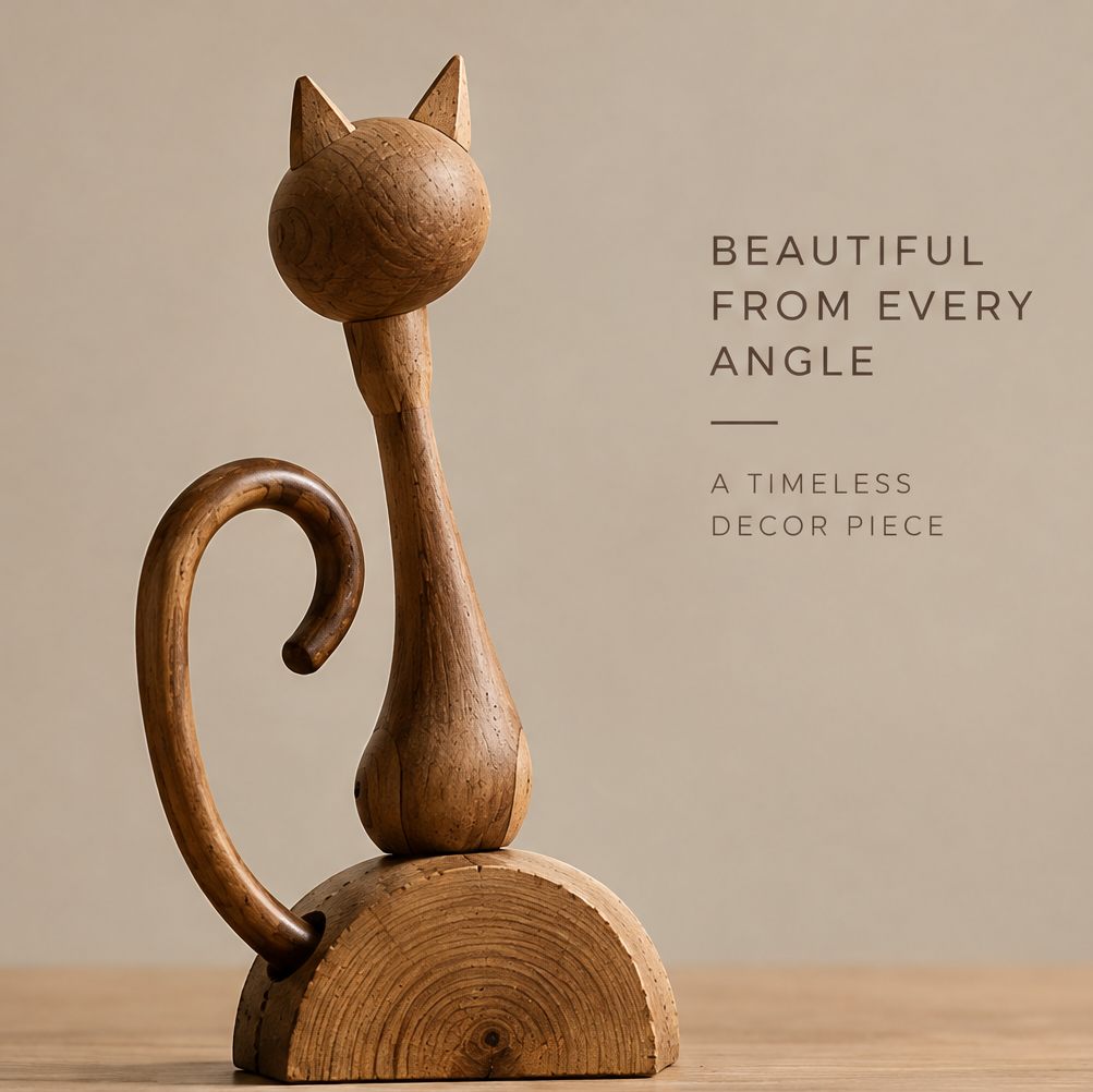 Rear three-quarter view of the wooden cat sculpture showing its curled tail and natural grain