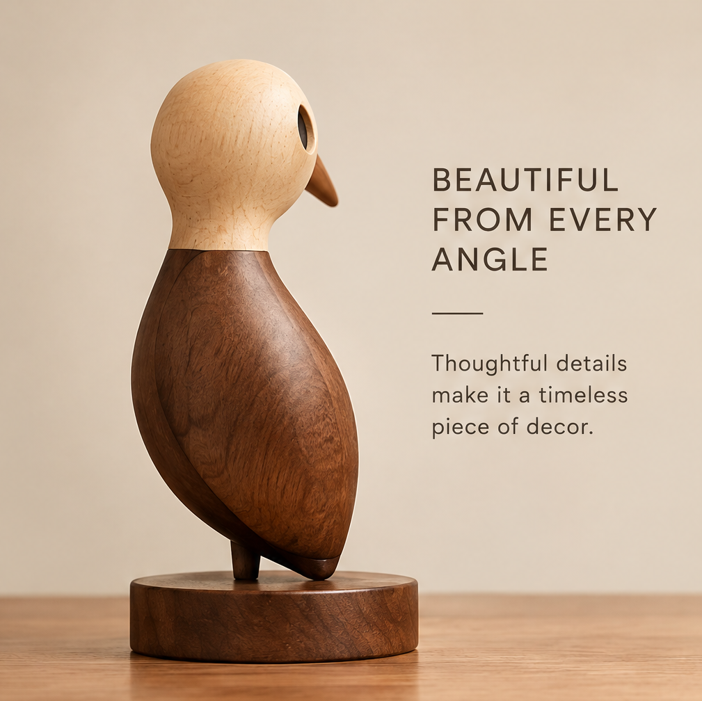 Rear three-quarter view of the wooden bird sculpture showing its curved body and round base