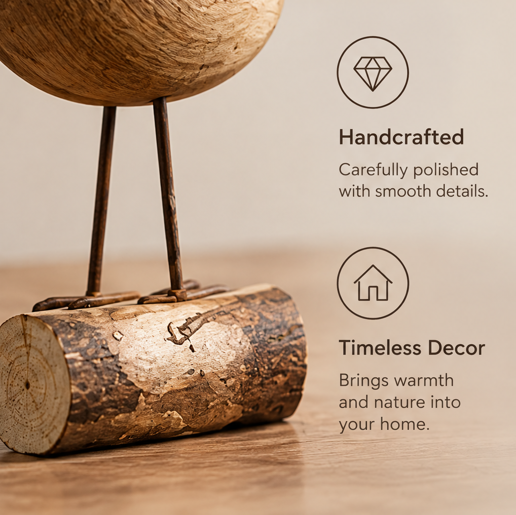 Detail of the bird sculpture's dark legs and bark-textured log base