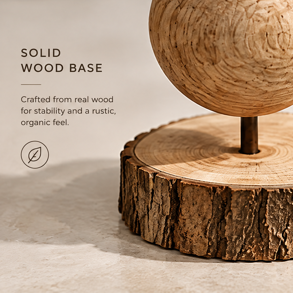 Close-up of the solid wood base showing growth rings and a textured bark edge