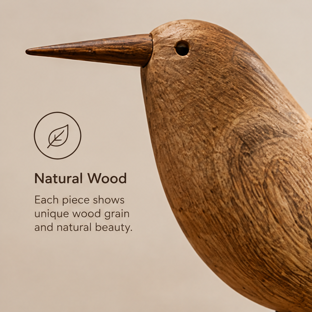 Close-up of the wooden bird's pointed beak, eye, and natural wood grain