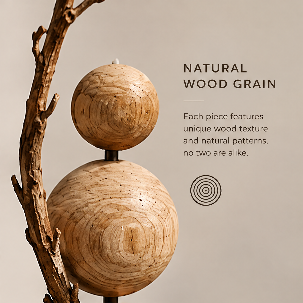 Close-up of the wooden spheres and curved branch showing distinctive natural wood grain