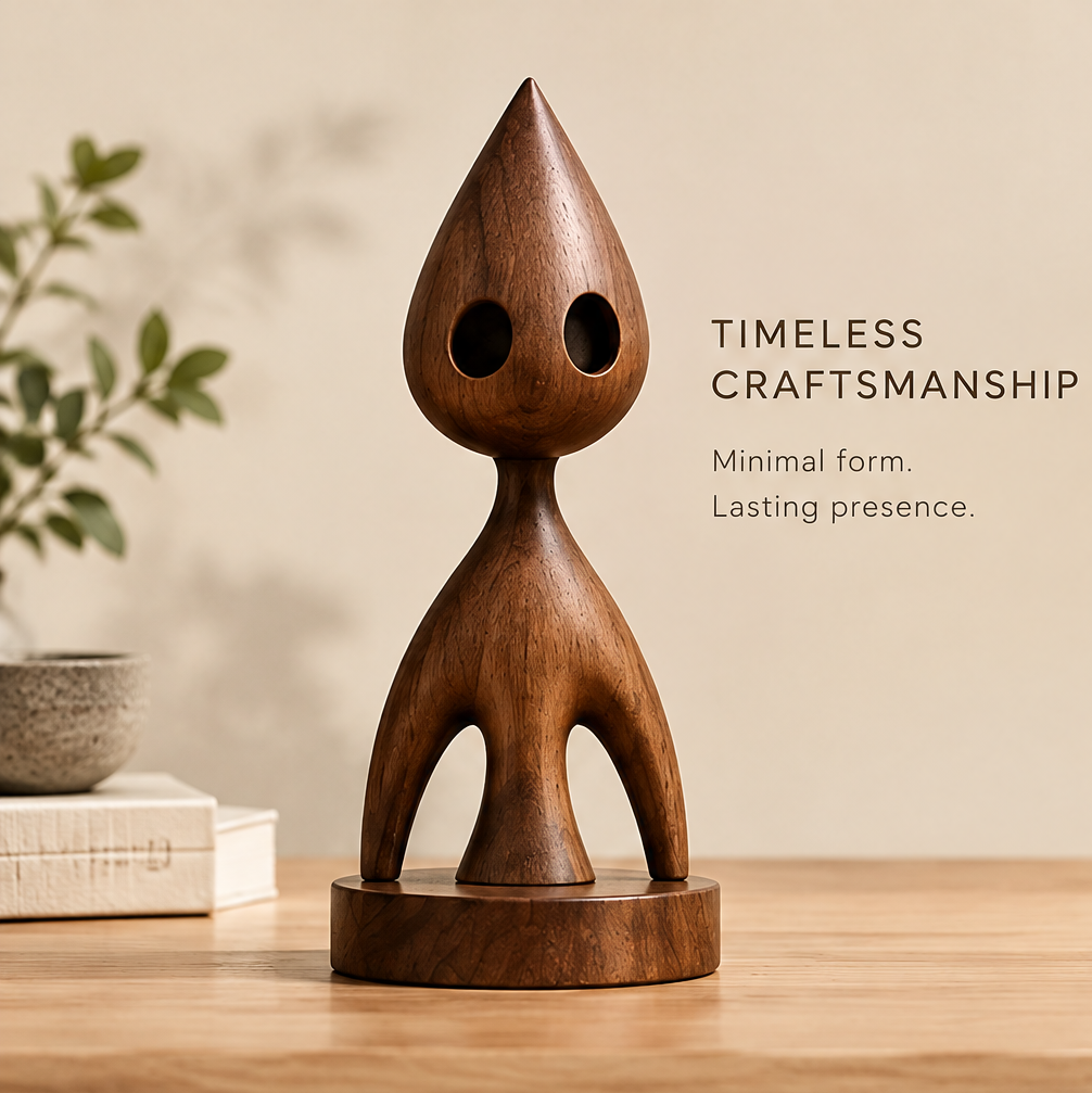 Front view of AVOLTT abstract solid wood figure with a teardrop head, two oval openings, and a circular base