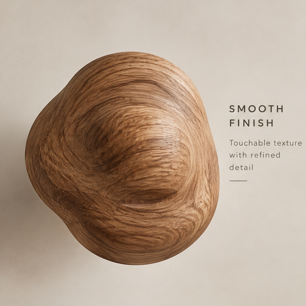 Top view of the wood sculpture showing its rounded contour and smooth finish