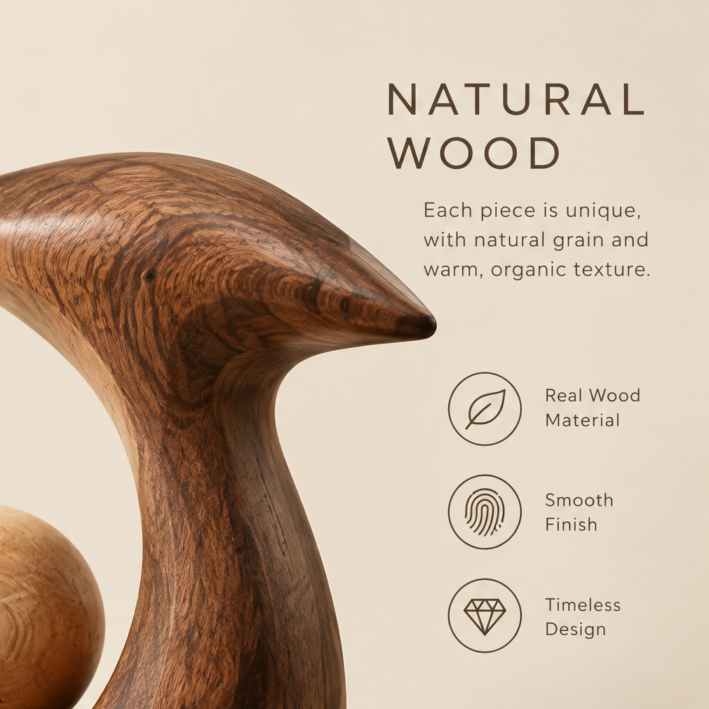 Close-up of the sculpture's flared upper curve showing warm brown wood grain and a smooth finish