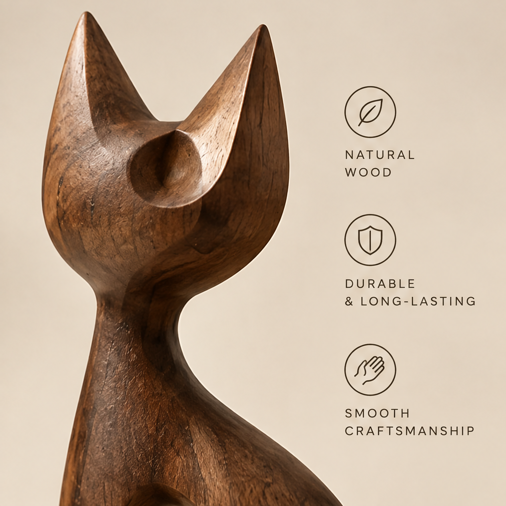 Close-up of the cat sculpture's pointed ears and shaped head showing natural wood texture