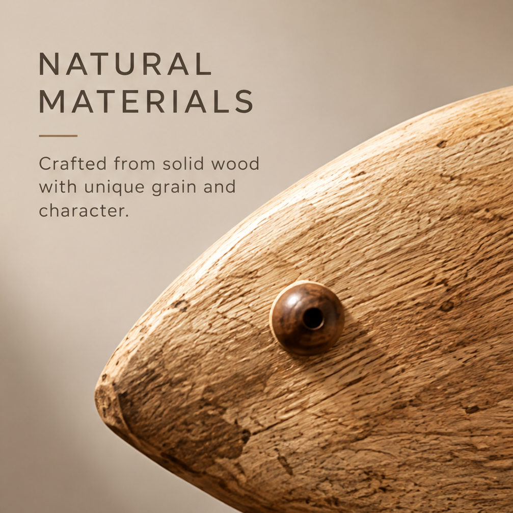 Close-up of the wooden fish head showing a rounded eye detail and natural grain