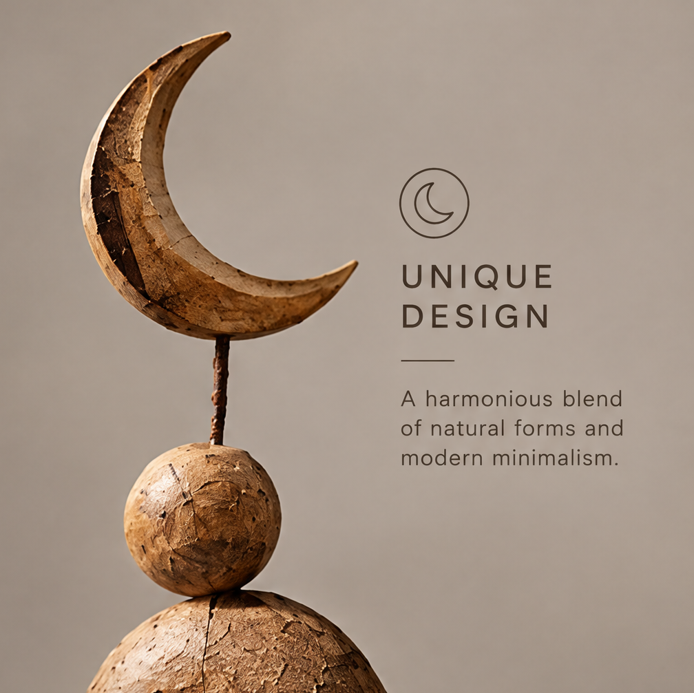 Close-up of the crescent moon and rounded sphere showing textured brown wood