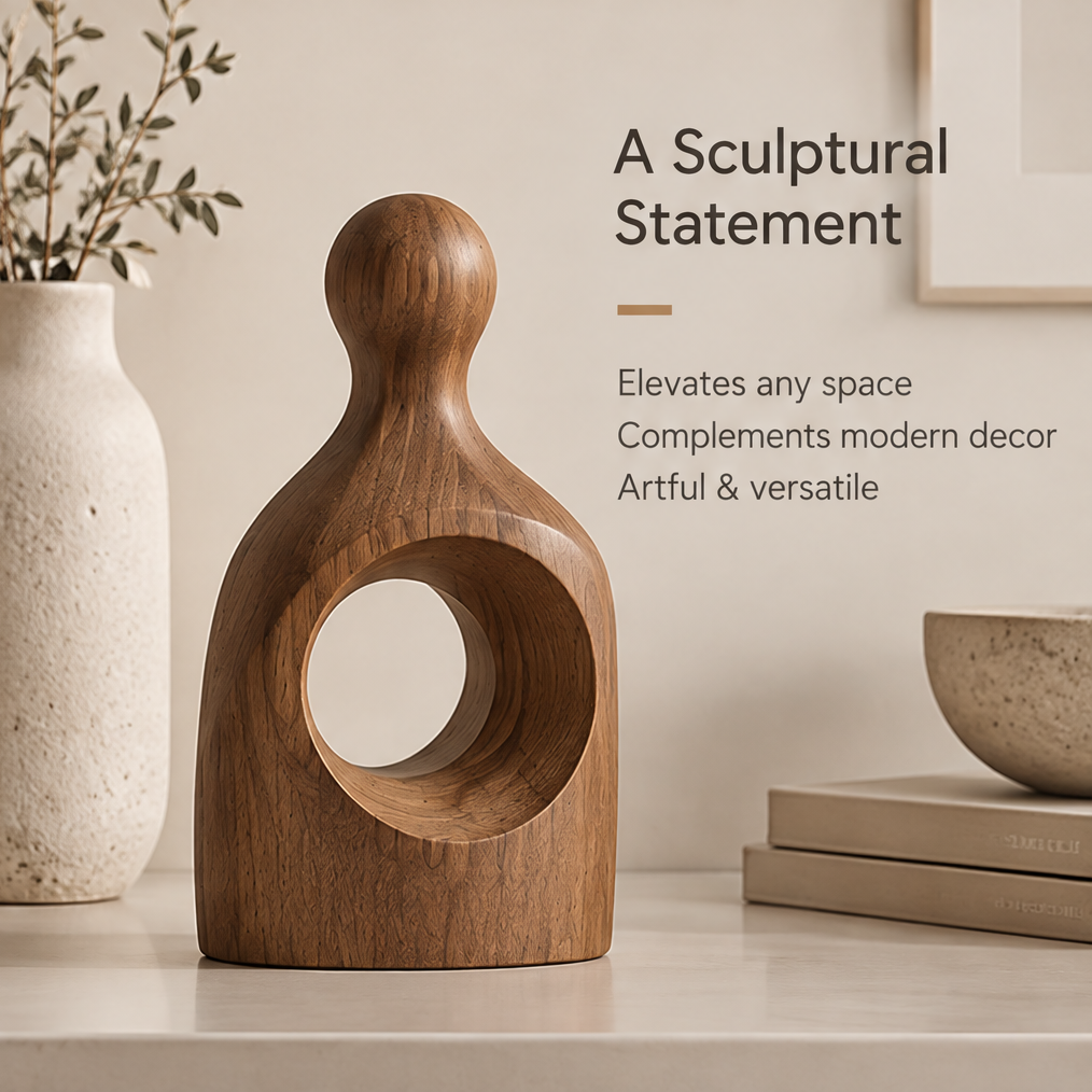 Halo wood sculpture displayed beside a vase, books, and a decorative bowl in a neutral interior